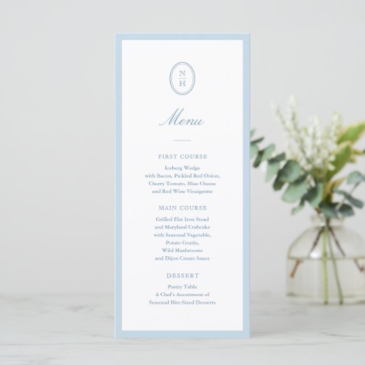 Dusty Blue Minimalist Wedding Monogram Flat Menu メニュー (スタンド正面)