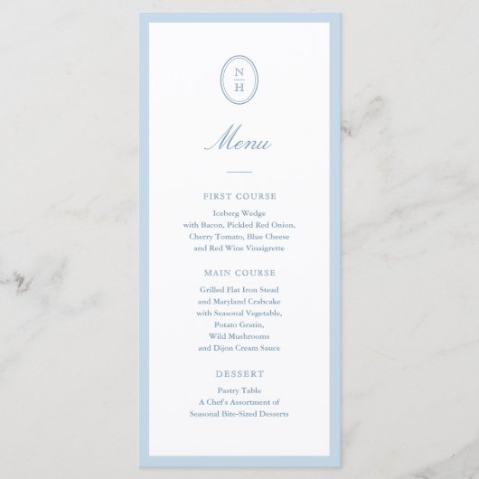 Dusty Blue Minimalist Wedding Monogram Flat Menu メニュー (正面)