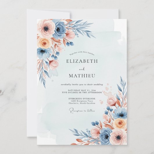 Dusty Blue Misty Botanical Wedding 招待状 (正面)