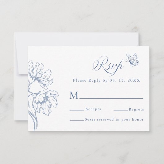 Dusty Blue Modern Classic Floral Wedding  出欠カード (正面)