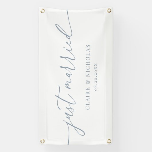 Dusty Blue Modern Elegant Just Married Wedding Car 横断幕 (縦)