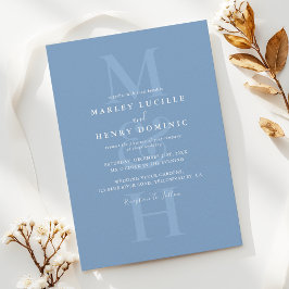 Dusty Blue Modern Monogram Overlay Wedding 招待状