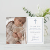 Dusty Blue Modern Photo Baptism Christening サンキューカード (スタンド正面)