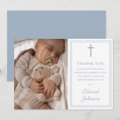 Dusty Blue Modern Photo Baptism Christening サンキューカード (正面/裏面)