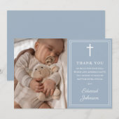 Dusty Blue Modern Photo Baptism Christening サンキューカード (正面/裏面)