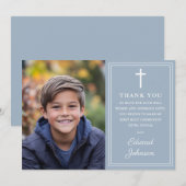Dusty Blue Modern Photo First Holy Communion サンキューカード (正面/裏面)