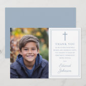 Dusty Blue Modern Photo First Holy Communion サンキューカード (正面/裏面)