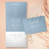 Dusty Blue Modern Script Monogram Photo Wedding 三つ折り招待状