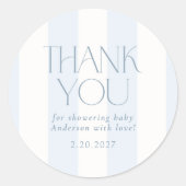Dusty Blue Modern Striped Baby Shower ラウンドシール (正面)