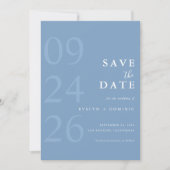 Dusty Blue Modern Typography Minimalist Wedding セーブザデート (正面)