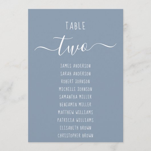 Dusty Blue Modern White Script Seating Chart Card (正面)