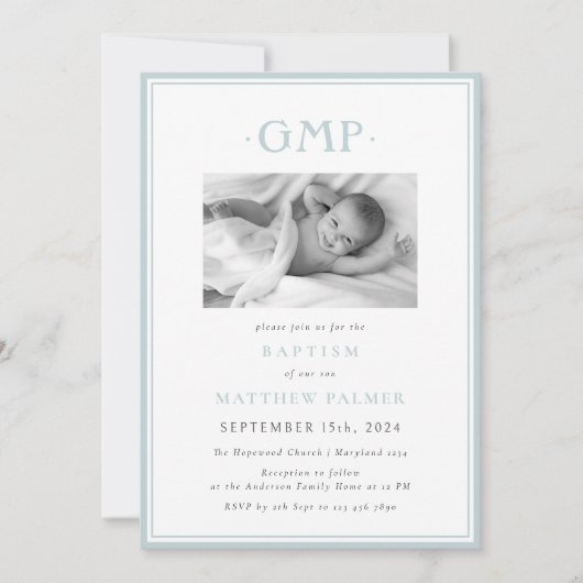 Dusty Blue Monogram Boy Baby Baptism 案内状 (正面)