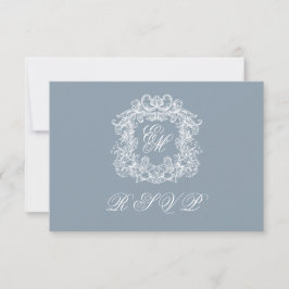 Dusty Blue Monogram Crest Elegant Wedding 出欠カード