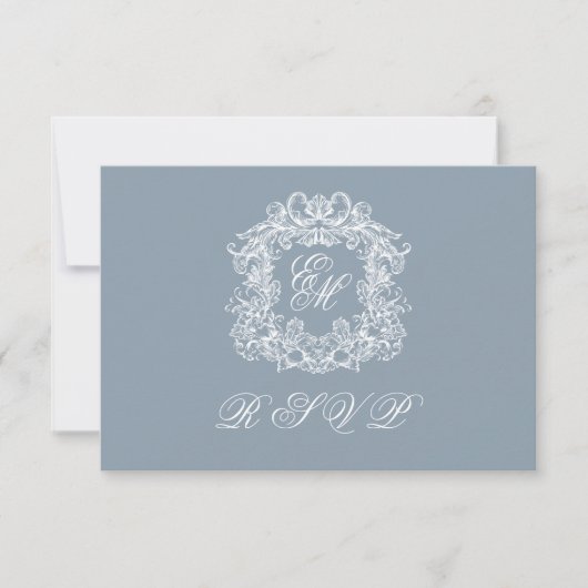 Dusty Blue Monogram Crest Elegant Wedding 出欠カード (正面)