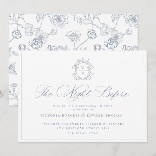 Dusty Blue Monogram Crest The Night Before Invite セーブザデート (正面/裏面)