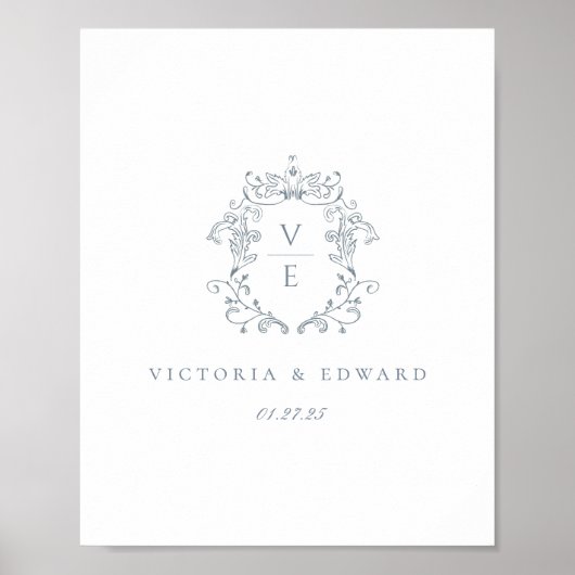 Dusty Blue Monogram Crest Wedding ポスター (正面)