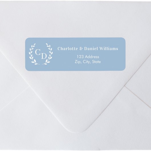 Dusty blue monogram initials wreath return address ラベル