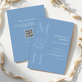 Dusty Blue Monogram QR Code All In One Wedding 招待状