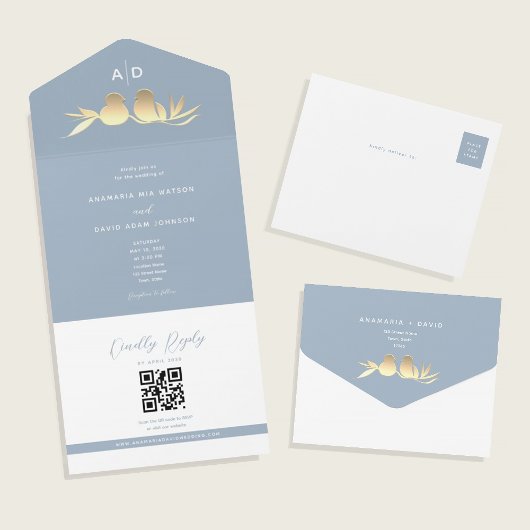 Dusty Blue Monogram QR Wedding オールインワン招待状