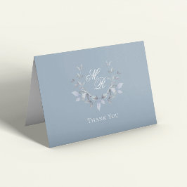 Dusty Blue Monogram Script Wedding Thank You サンキューカード