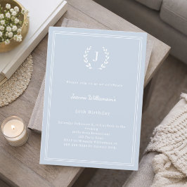 Dusty blue monogram wreath minimalist birthday 招待状
