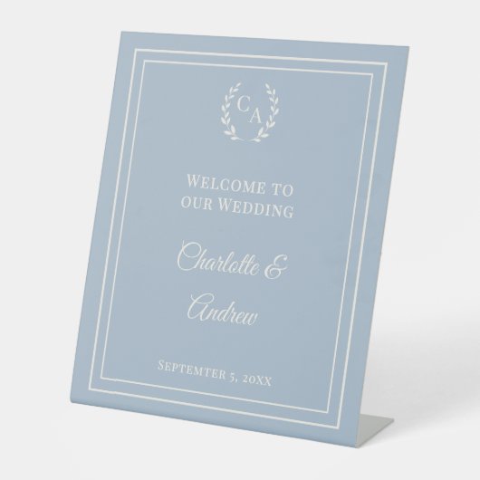 Dusty blue monogrammed elegant wedding welcome  台座サイン (正面)
