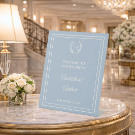 Dusty blue monogrammed elegant wedding welcome  台座サイン