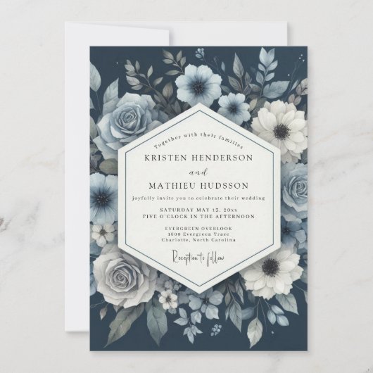 Dusty Blue Moody Bloom Wedding 招待状 (正面)