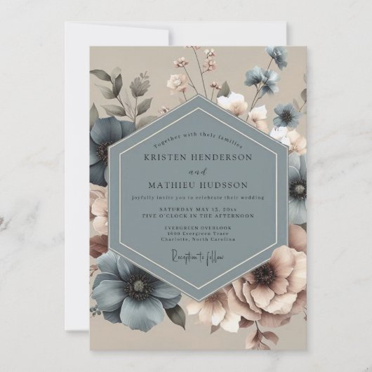 Dusty Blue Moody Floral Wedding 招待状 (正面)
