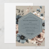Dusty Blue Moody Floral Wedding 招待状 (正面/裏面)