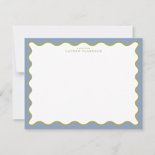 Dusty Blue & Mustard Wavy Border Note Card 招待状 (正面)