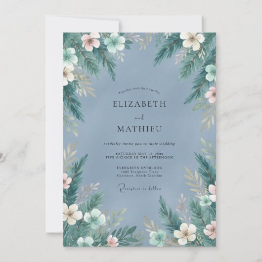 Dusty Blue Muted Spruce Winter Wedding 招待状 (正面)
