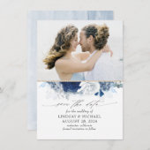 Dusty Blue & Navy Blueフローラ日付写真を保存 案内状 (正面/裏面)