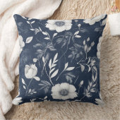Dusty Blue Navy Blue White Floral クッション (ブランケット)