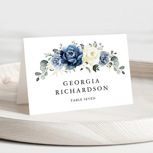 Dusty Blue Navy Champagne Ivory Floral Place Card テーブルナンバー