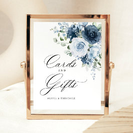 Dusty Blue Navy Floral Cards & Gifts Wedding Table 台座サイン
