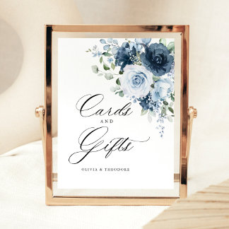 Dusty Blue Navy Floral Cards & Gifts Wedding Table 台座サイン
