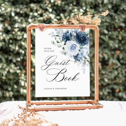 Dusty Blue Navy Floral Guest Book Wedding Table 台座サイン