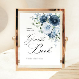 Dusty Blue Navy Floral Guest Book Wedding Table 台座サイン