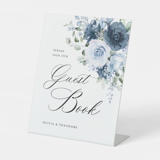 Dusty Blue Navy Floral Guest Book Wedding Table 台座サイン (正面)
