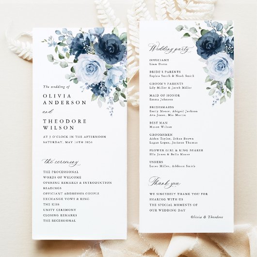 Dusty Blue Navy Floral Watercolor Wedding Ceremony プログラム