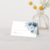 Dusty Blue Navy Floral Watercolor Wedding Name プレイスカード (正面)