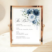 Dusty Blue Navy Floral Wedding Bar Menu Template 台座サイン