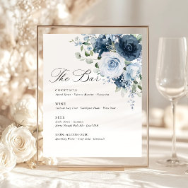 Dusty Blue Navy Floral Wedding Bar Menu Template 台座サイン