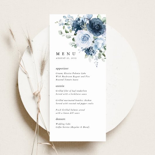 Dusty Blue Navy Floral Wedding Reception Dinner メニュー