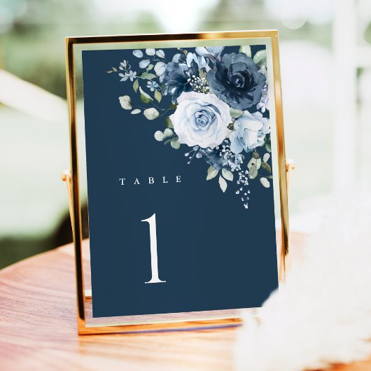 Dusty Blue Navy Floral Wedding Table Number Sign テーブルナンバー