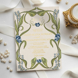 Dusty Blue Navy Vintage Art Nouveau Floral Wedding 箔招待状