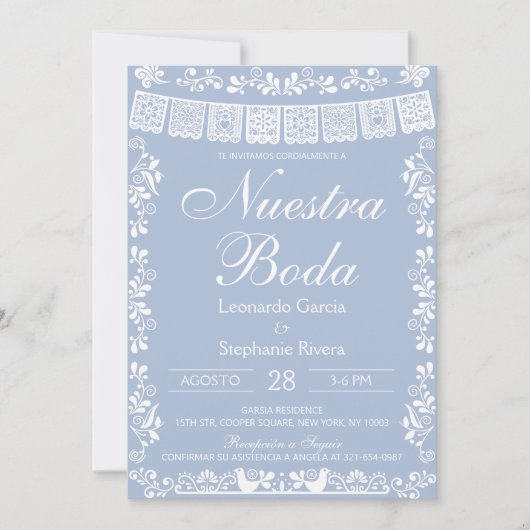 Dusty Blue Nuestra Boda Papel Picado Wedding 招待状 (正面)