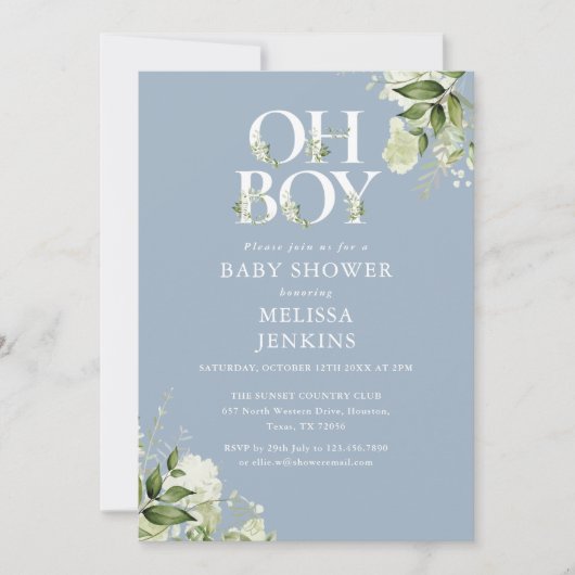Dusty Blue Oh Boy Greenery All In One Baby Shower 招待状 (正面)