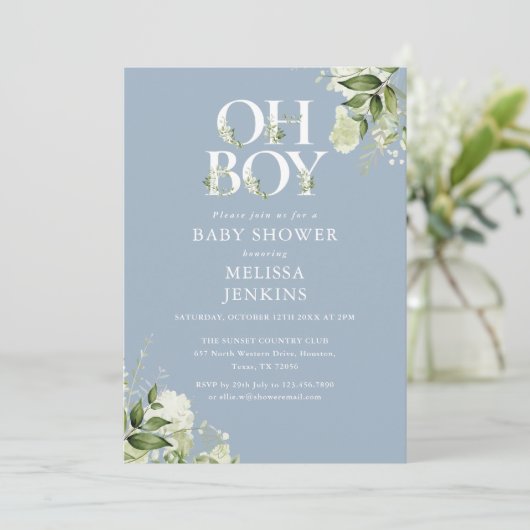 Dusty Blue Oh Boy Greenery All In One Baby Shower 招待状 (スタンド正面)